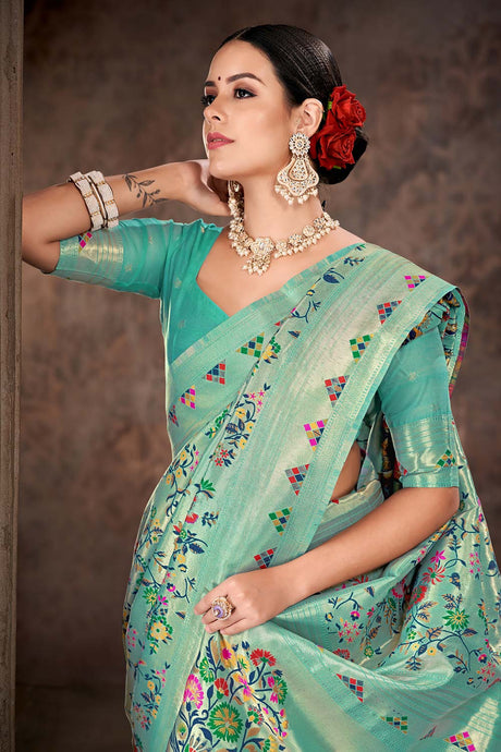 Teal Embroidered Cotton Blend Saree