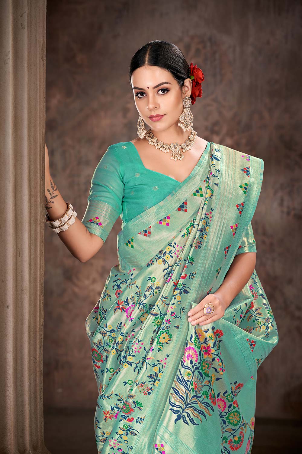 Teal Embroidered Cotton Blend Saree