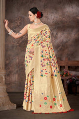 Beige Embroidered Cotton Blend Saree