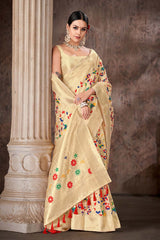 Beige Embroidered Cotton Blend Saree