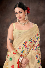 Beige Embroidered Cotton Blend Saree