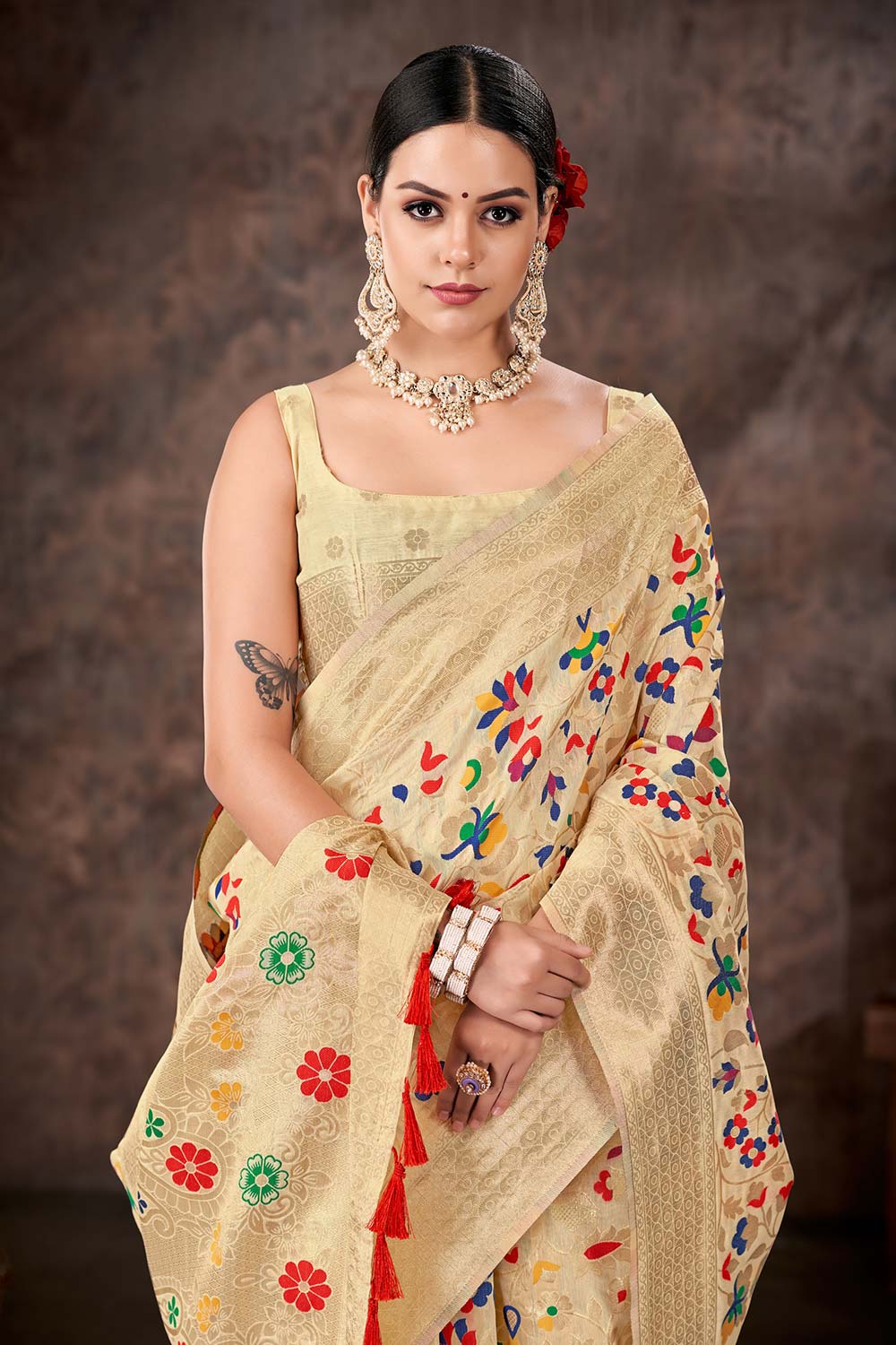 Beige Embroidered Cotton Blend Saree