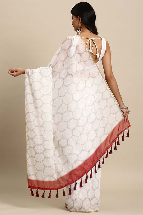 White Printed Organza Saree