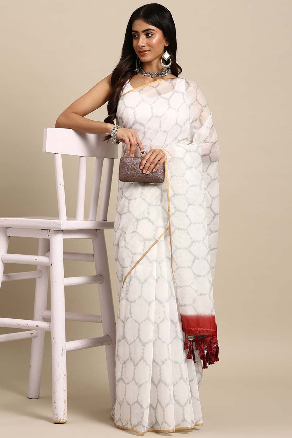 White Printed Organza Saree