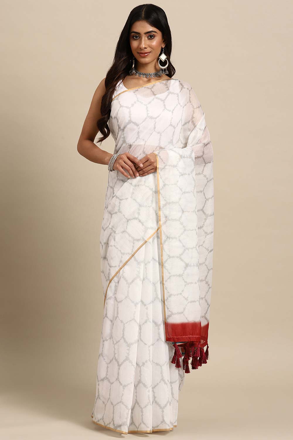 White Printed Organza Saree