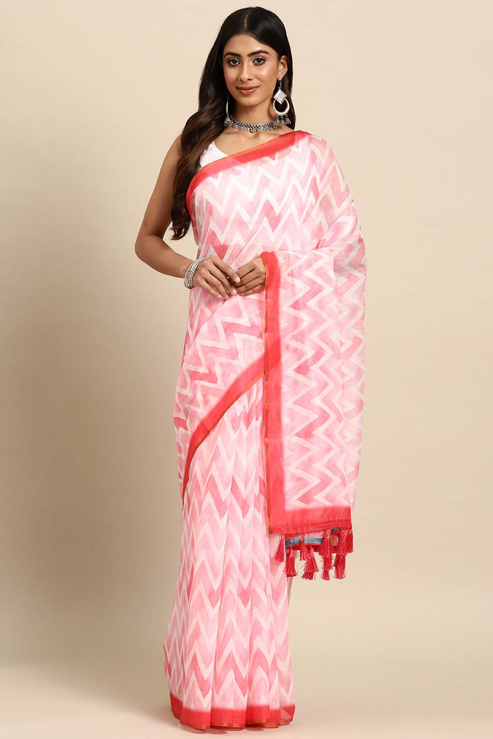 Pink Printed Organza Saree