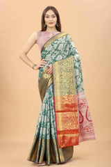 Buy Teal Zari Tissue Floral Printed Handloom Saree Saree Online