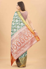 Buy Teal Zari Tissue Floral Printed Handloom Saree Saree Online