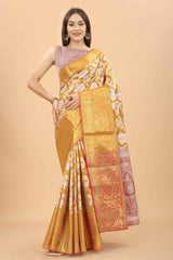 Buy Yellow Zari Tissue Floral Printed Handloom Saree Saree Online