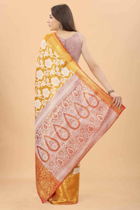 Buy Yellow Zari Tissue Floral Printed Handloom Saree Saree Online