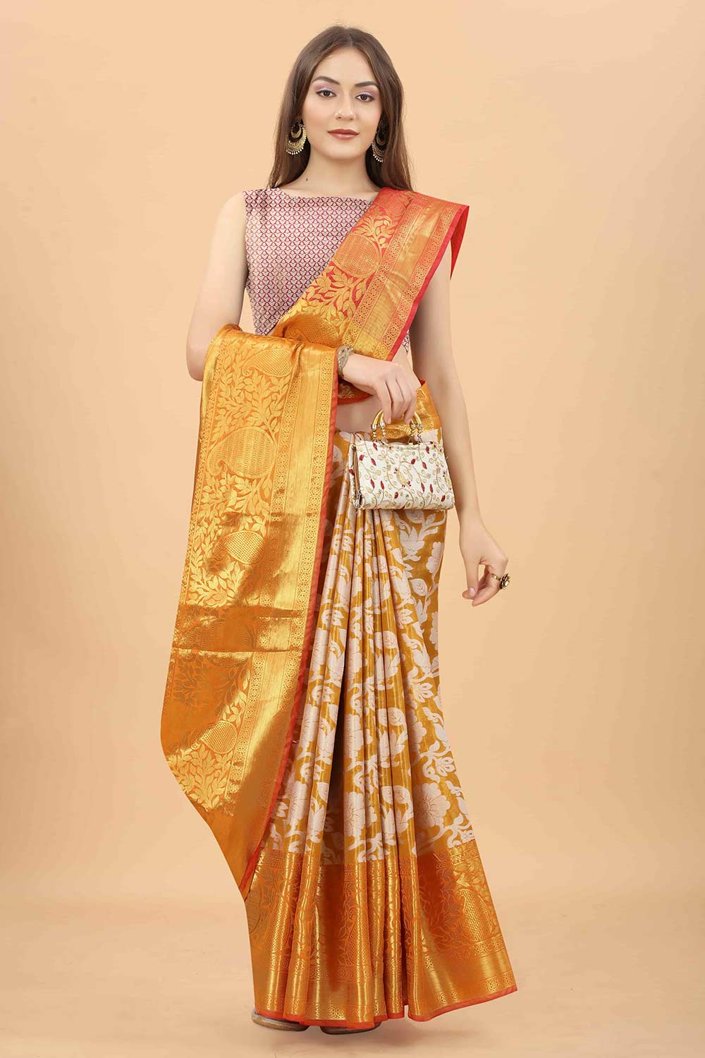 Buy Yellow Zari Tissue Floral Printed Handloom Saree Saree Online