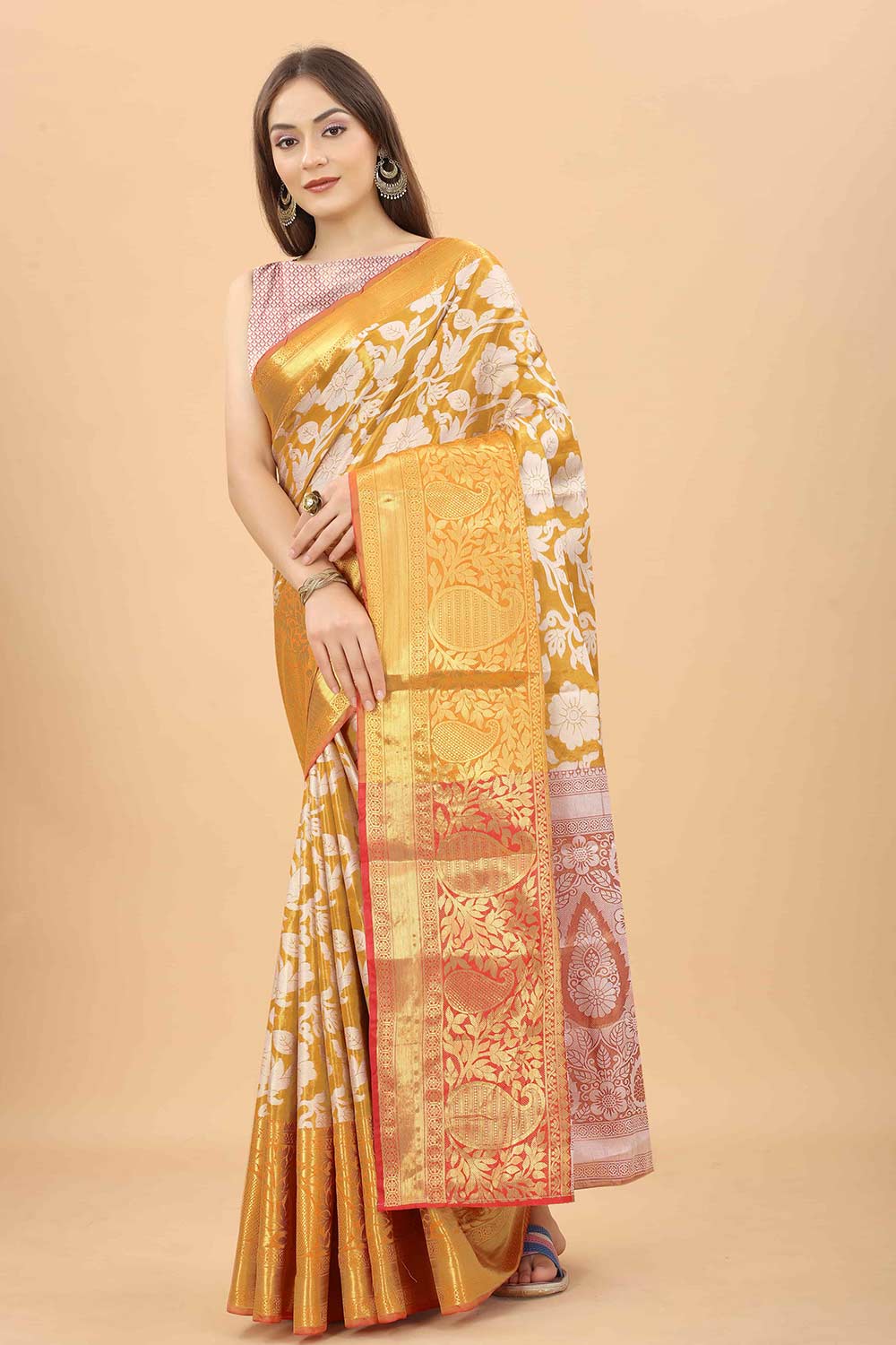 Buy Yellow Zari Tissue Floral Printed Handloom Saree Saree Online