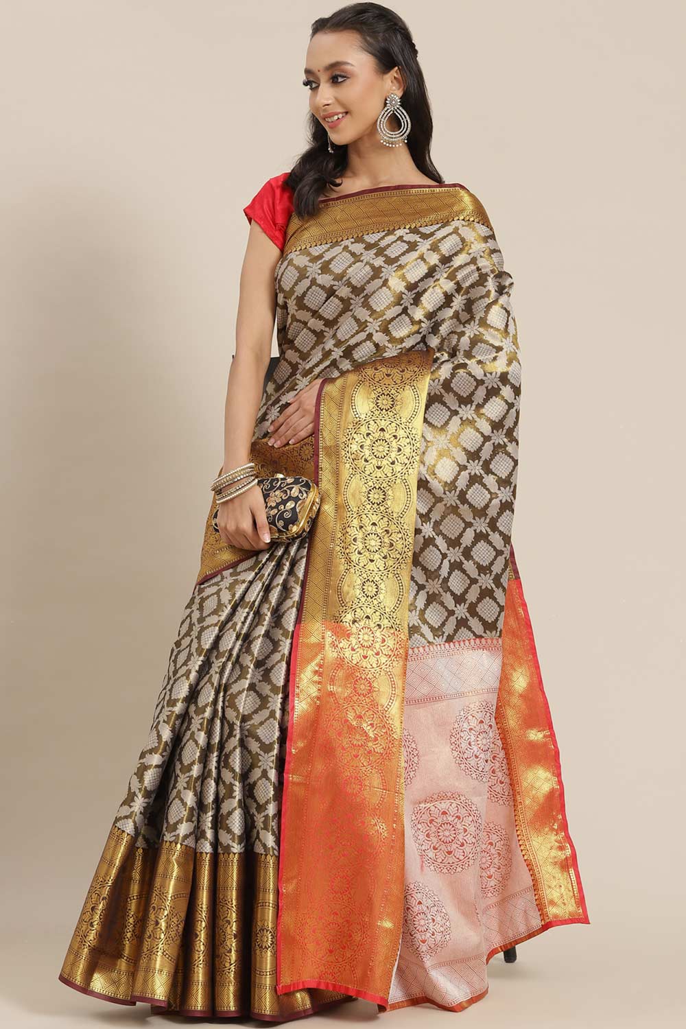 Buy mahendi Soft Art Silk Floral Printed Banarasi Saree Online