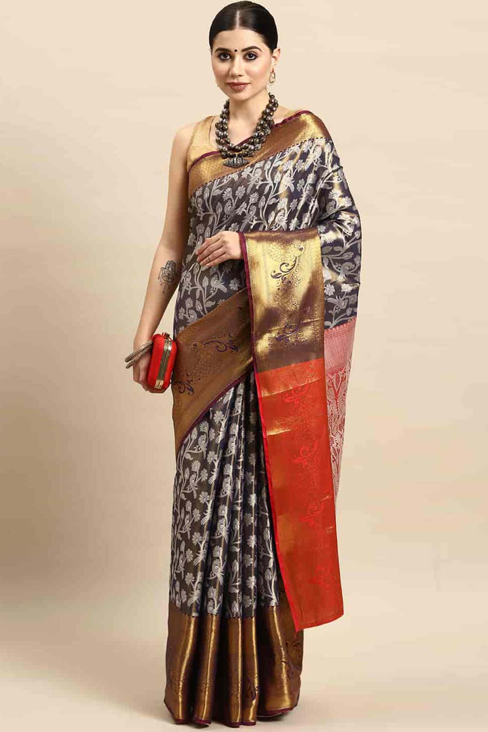 Navy Blue Woven Brocade Saree