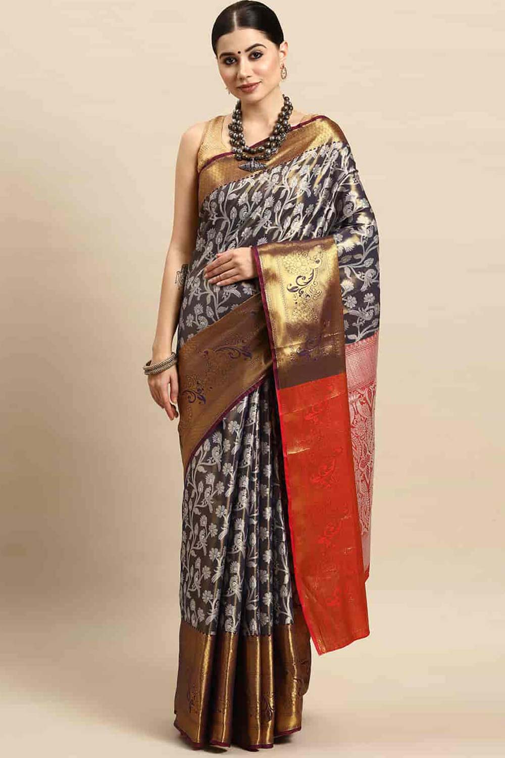 Navy Blue Woven Brocade Saree