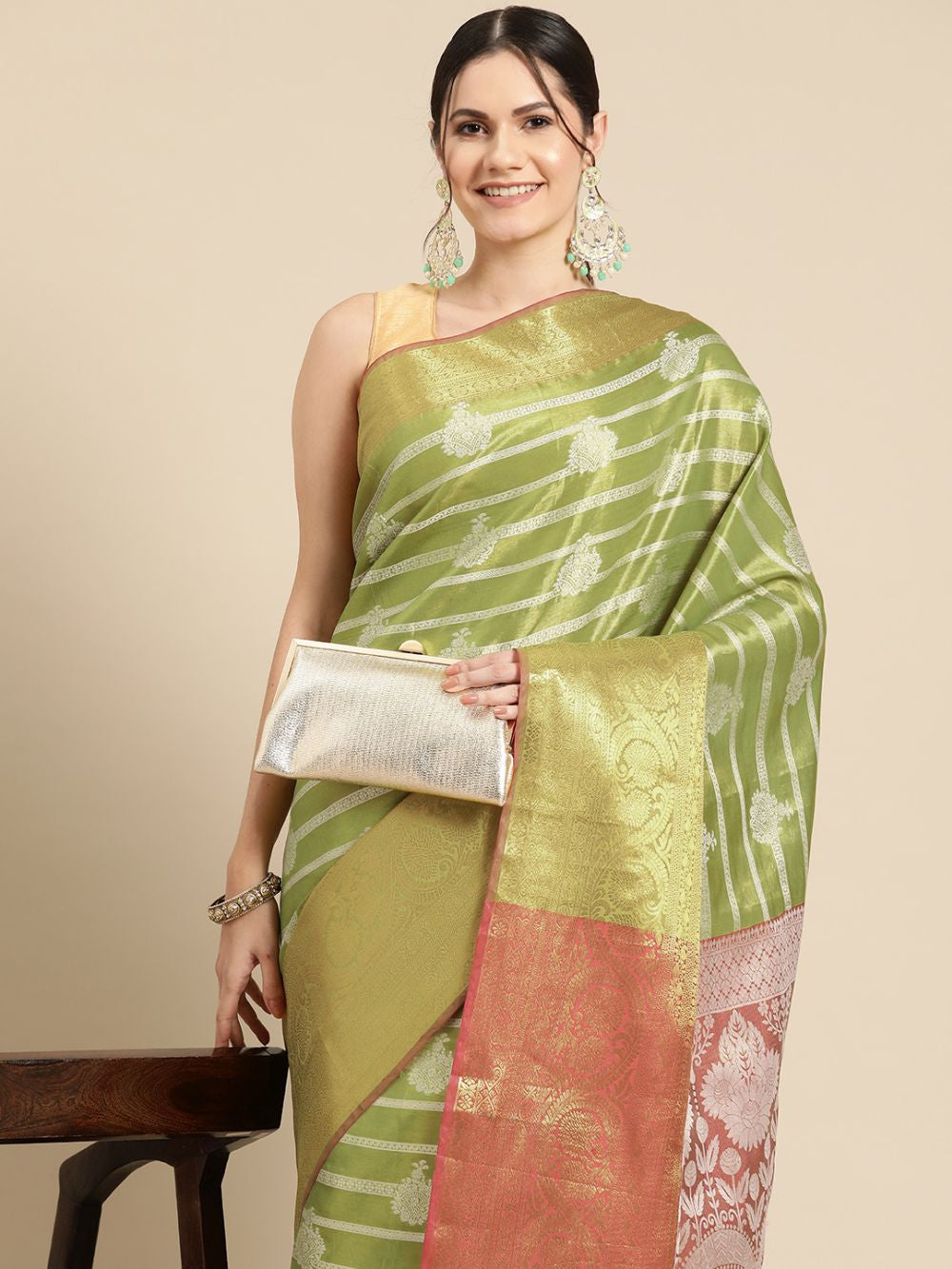 Parrot Green Silk Woven Design Saree