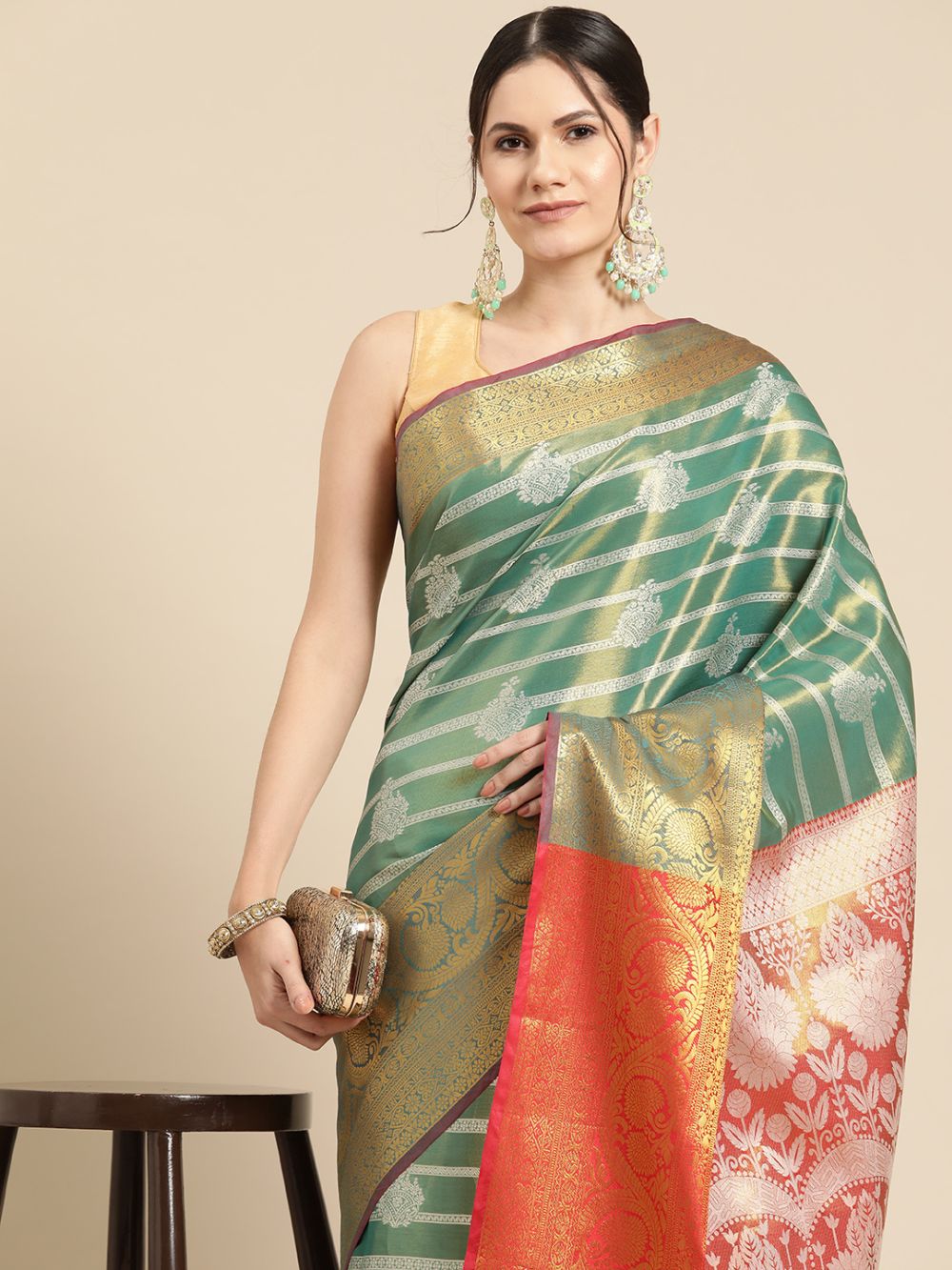 Teal Silk Woven Design Saree