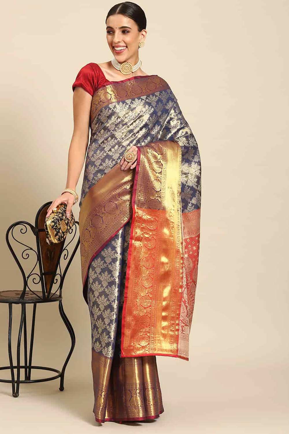 Buy Navy Blue Art Silk brocade Saree Online