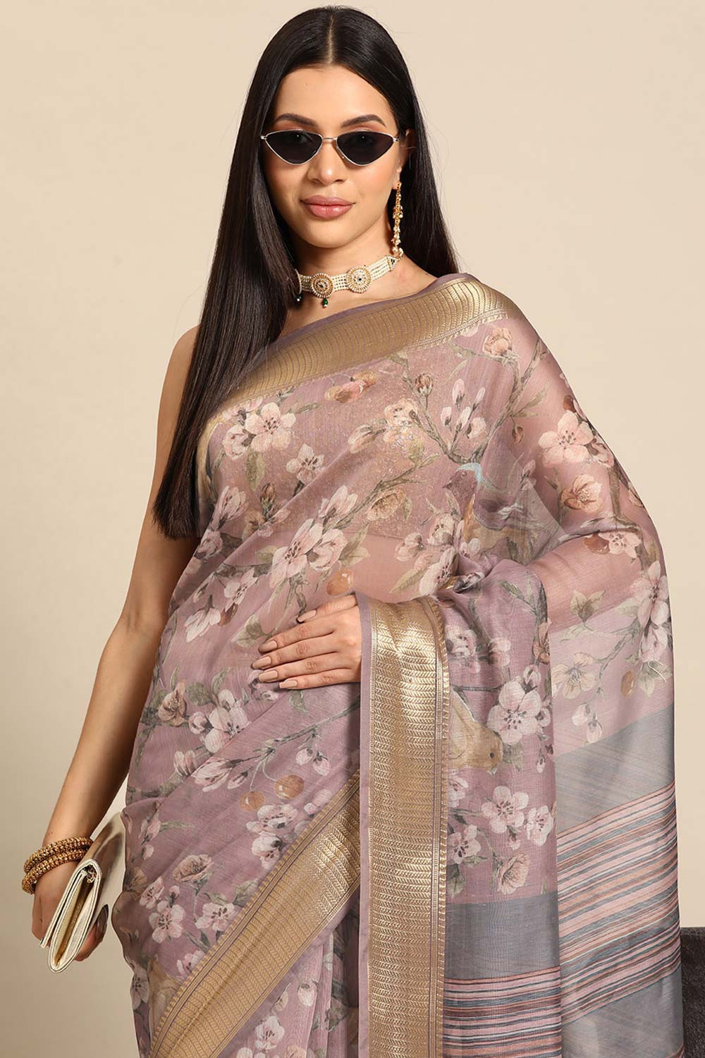 Beige Printed Cotton Blend Saree