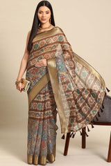 Beige Printed Cotton Blend Saree