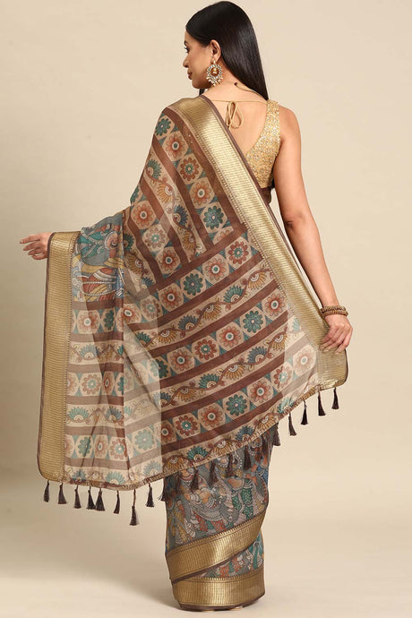 Beige Printed Cotton Blend Saree