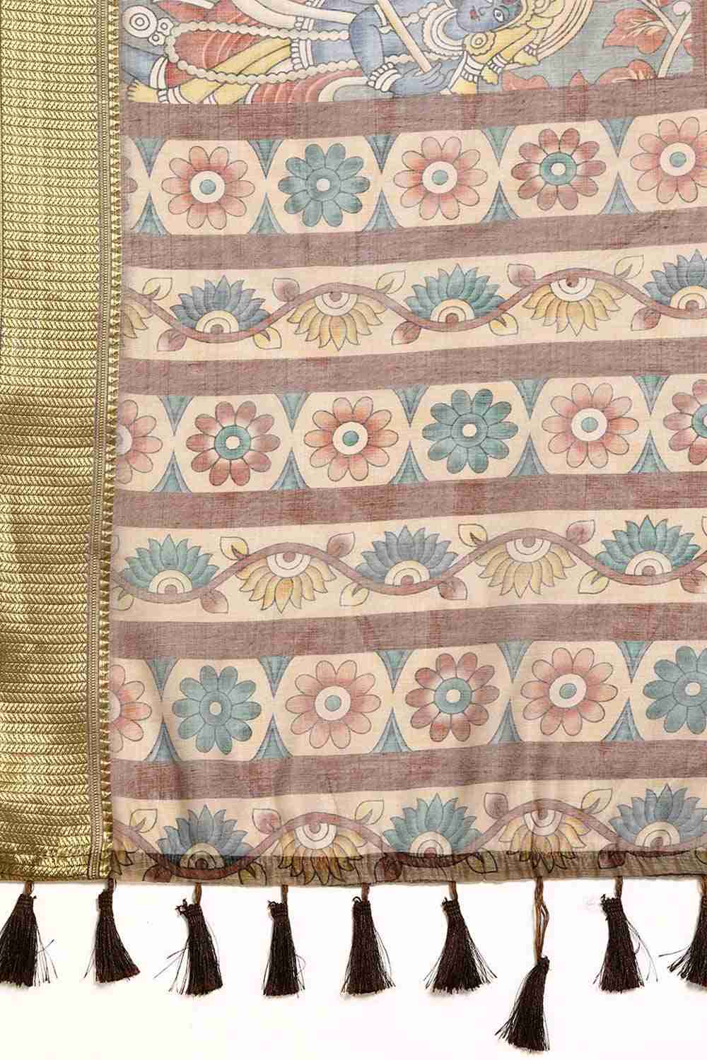 Beige Printed Cotton Blend Saree