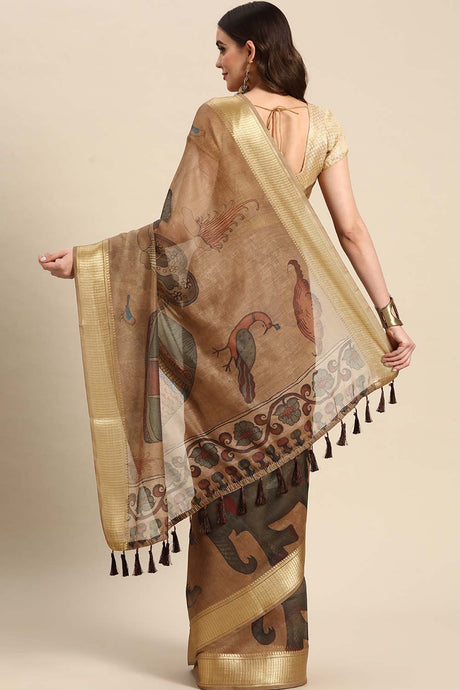 Beige Printed Cotton Blend Saree