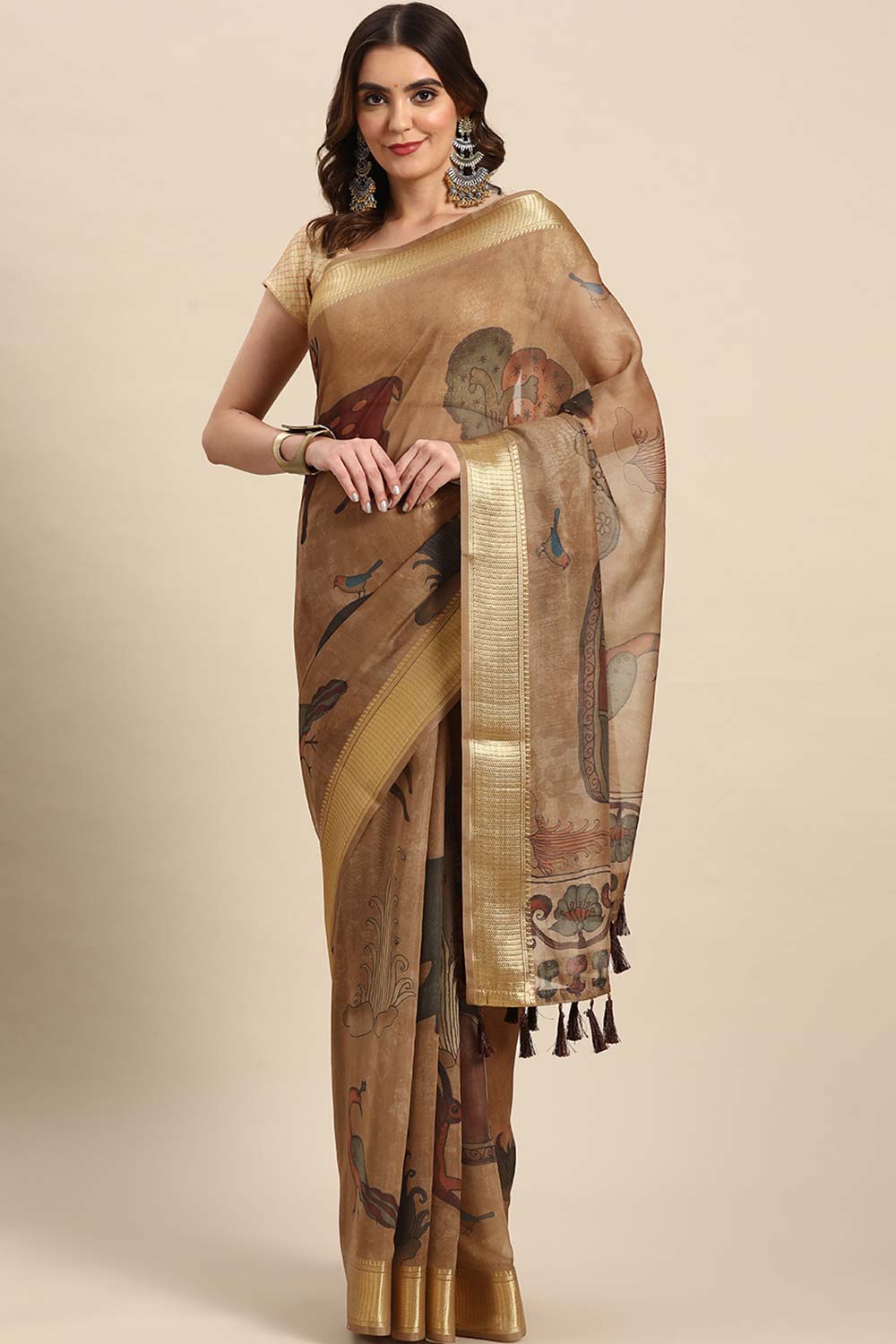 Beige Printed Cotton Blend Saree