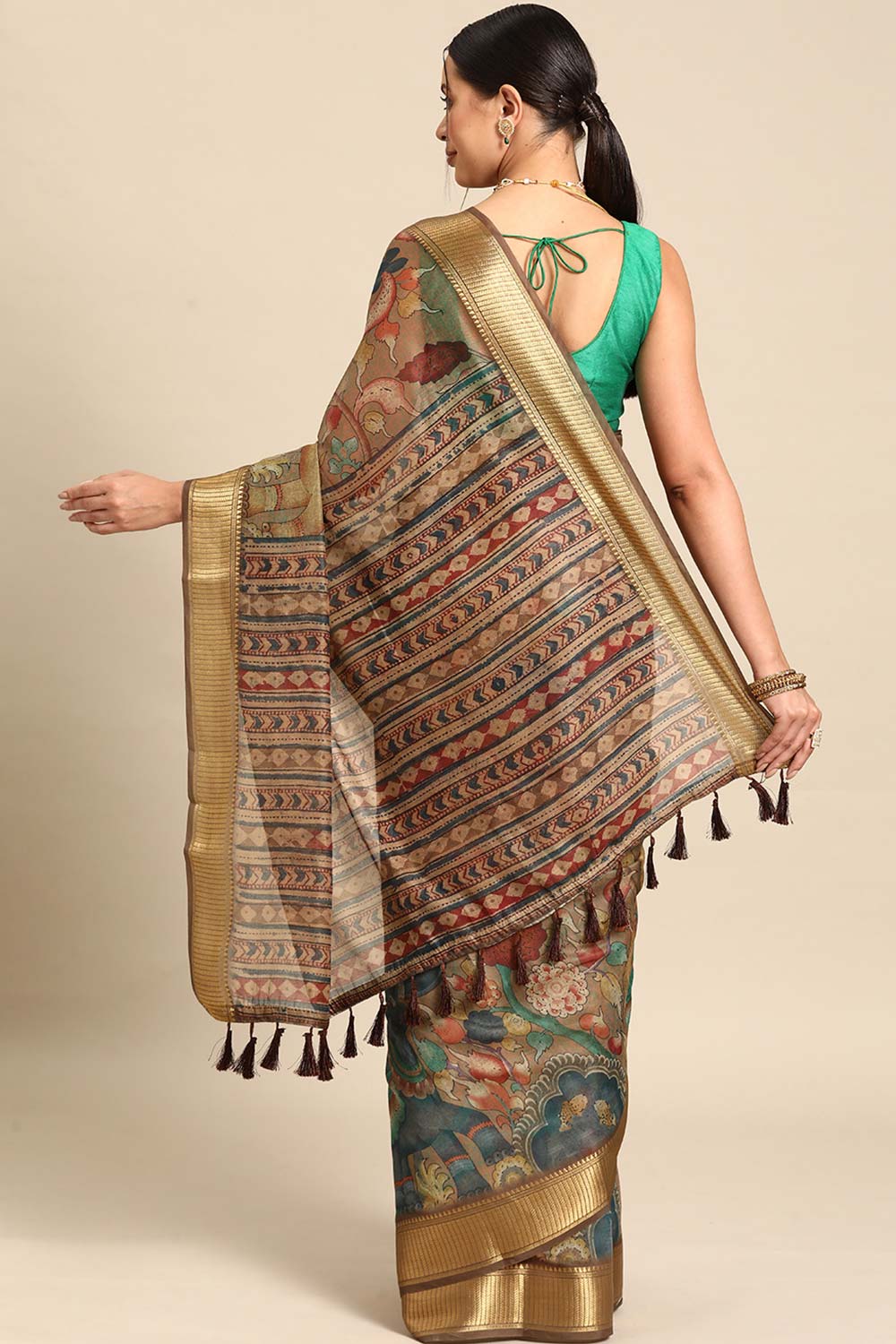 Beige Printed Cotton Blend Saree