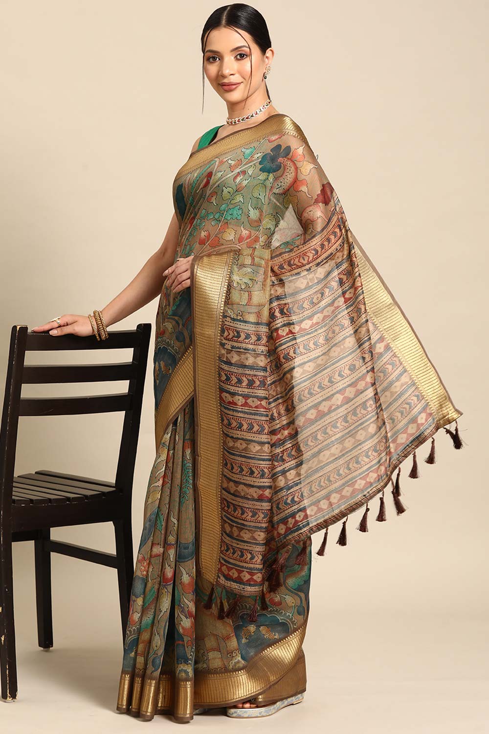 Beige Printed Cotton Blend Saree