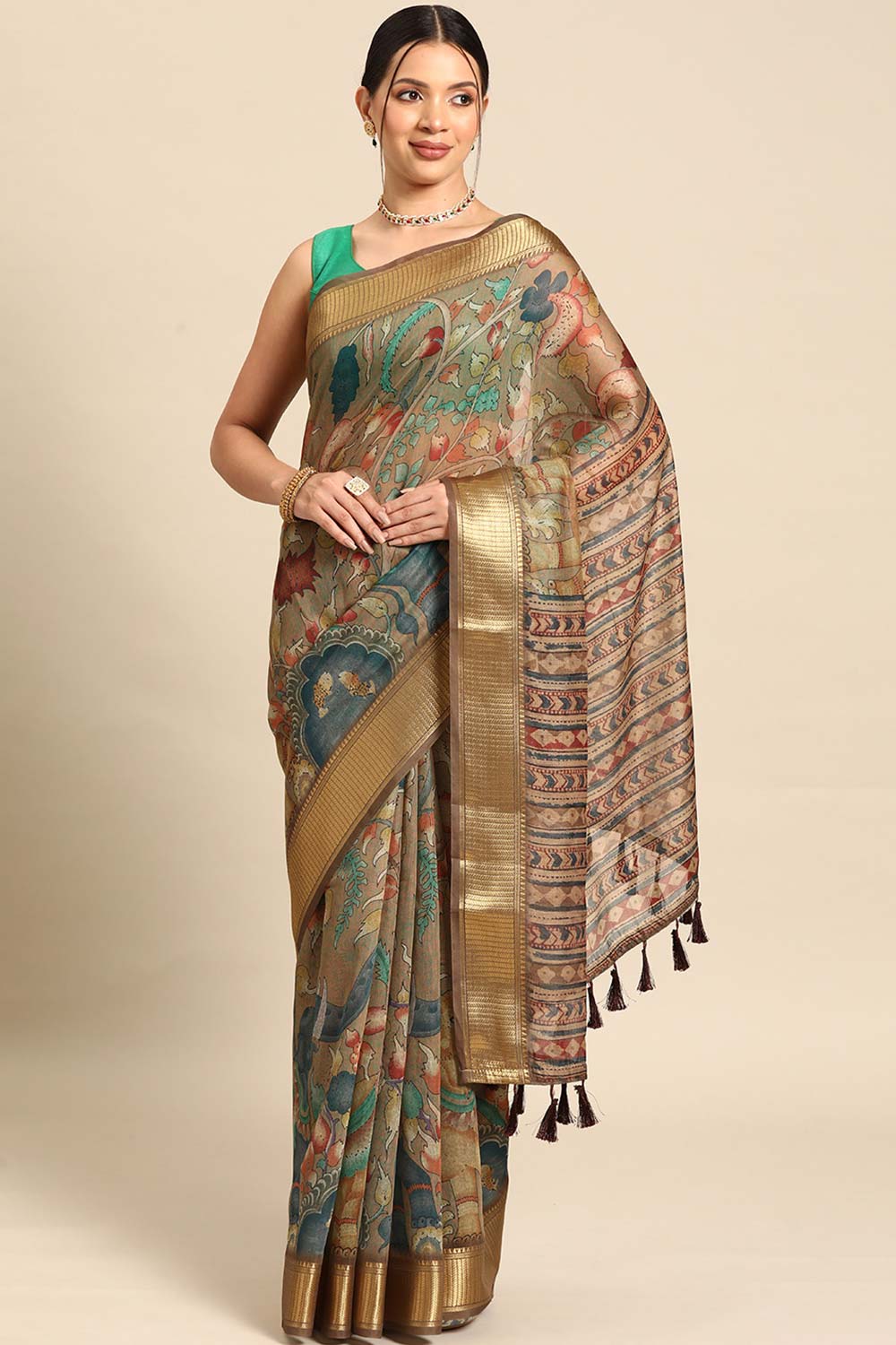 Beige Printed Cotton Blend Saree