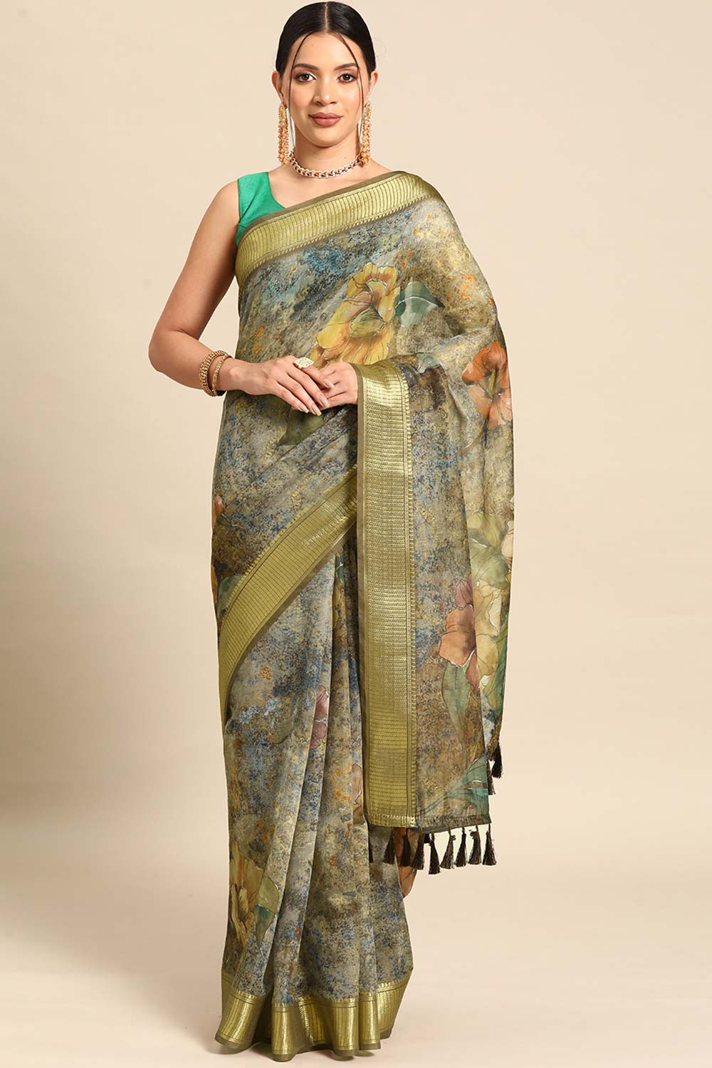 Multi Printed Cotton Blend Saree