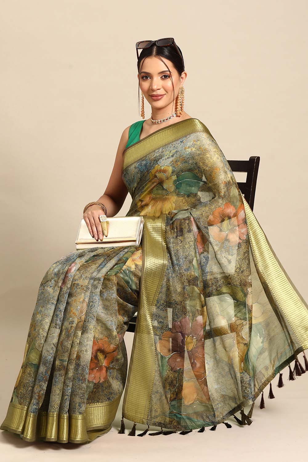 Multi Printed Cotton Blend Saree