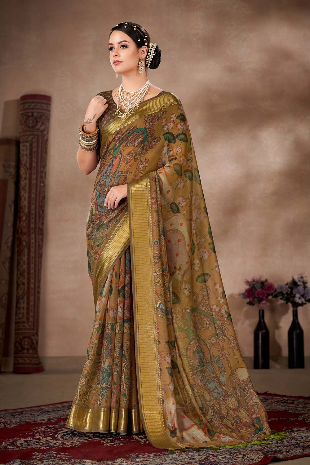 Multi Printed Cotton Blend Saree