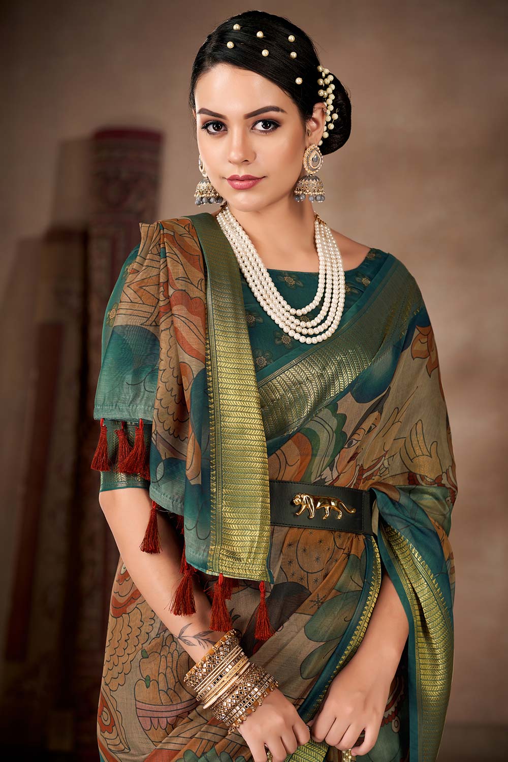 Multi Printed Cotton Blend Saree