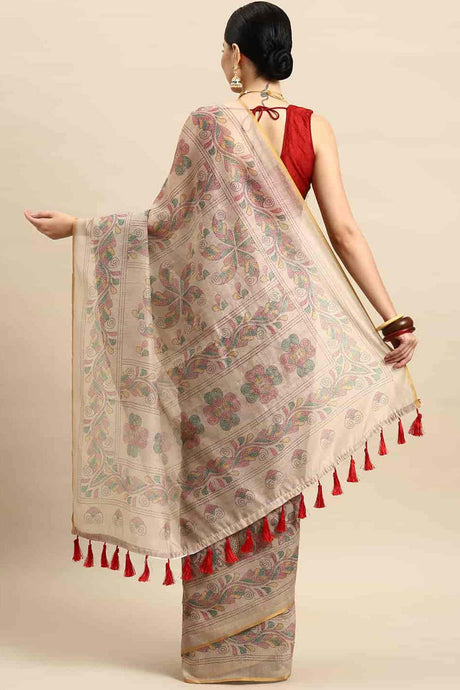 Beige Printed Cotton Blend Saree