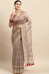 Beige Printed Cotton Blend Saree