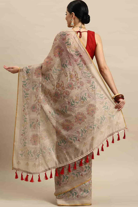 Beige Printed Cotton Blend Saree