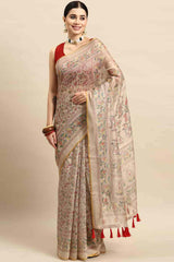 Beige Printed Cotton Blend Saree