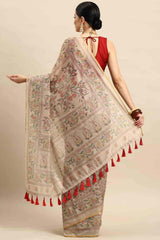 Beige Printed Cotton Blend Saree