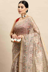 Beige Printed Cotton Blend Saree