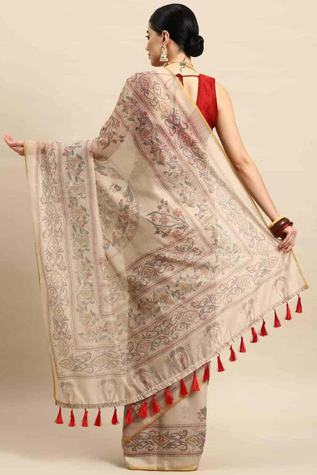 Beige Printed Cotton Blend Saree