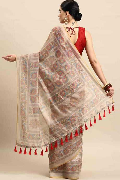 Beige Printed Cotton Blend Saree