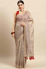 Beige Printed Cotton Blend Saree