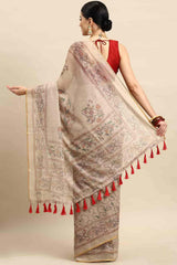 Beige Printed Cotton Blend Saree