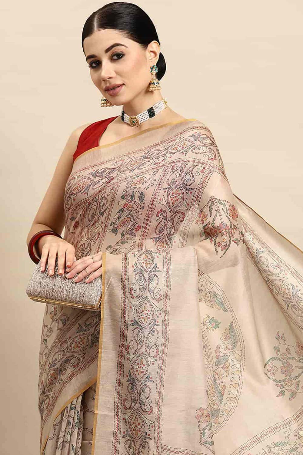 Beige Printed Cotton Blend Saree