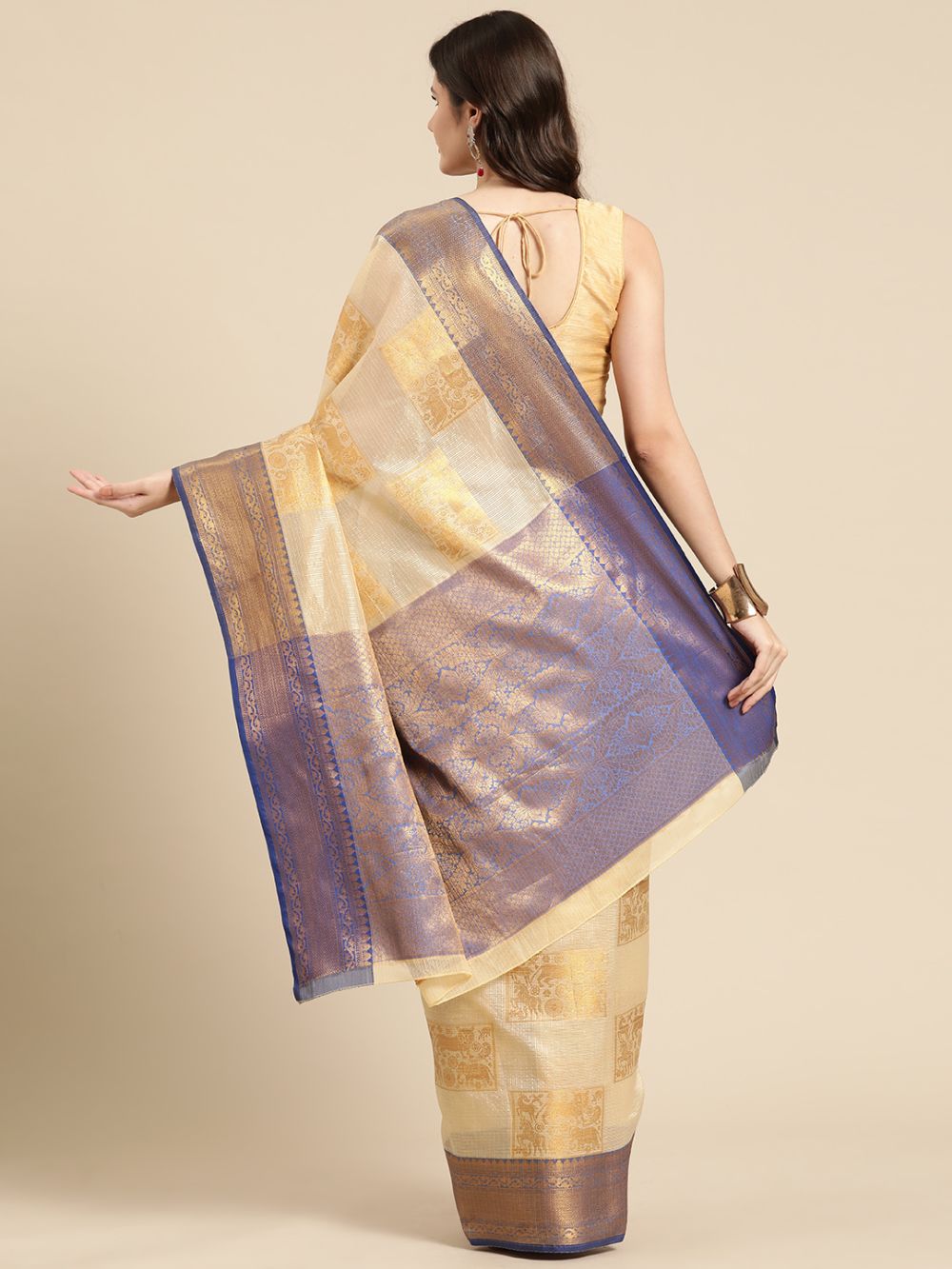 Beige Jute Silk Geometric Saree