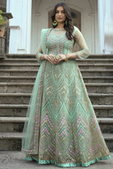 Buy Turquoise Net Embroidered  Anarkali Suit Set Online - KARMAPLACE