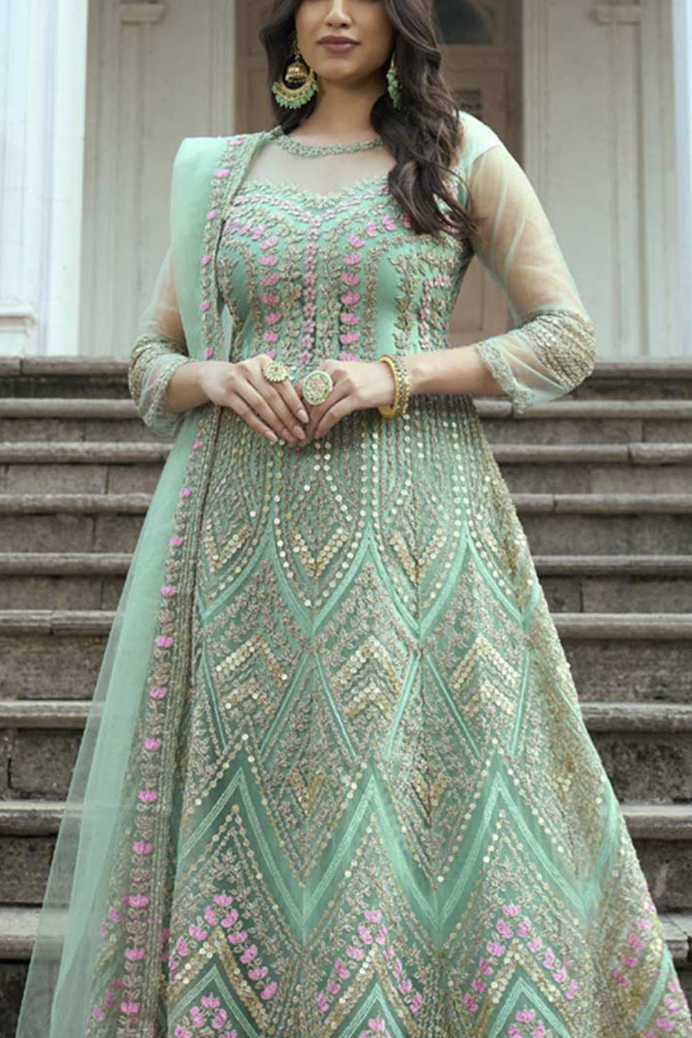 Turquoise Net Embroidered  Anarkali Suit Set