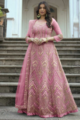 Buy Light Pink Net Embroidered  Anarkali Suit Set Online - KARMAPLACE